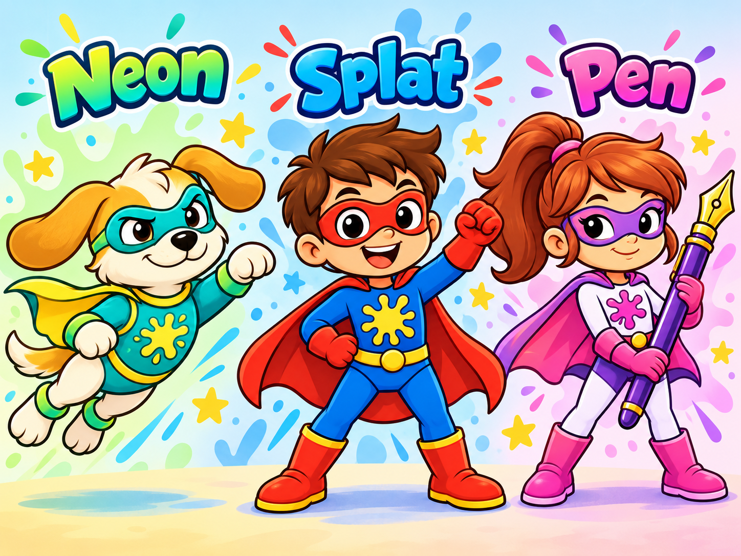 Neon, Splat and Pen together, coloured in, with their names